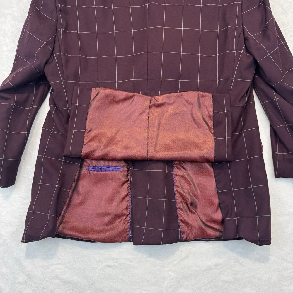 Designed‎ in Italy Mens Burgundy Windowpane Double Breasted Blazer Jacket 42R